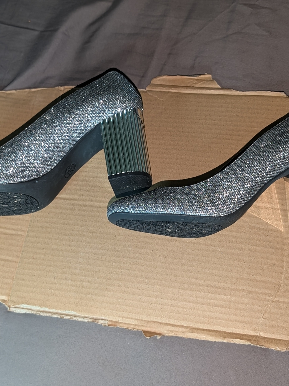 Michael Kors Silver Glitter Block Heel Pumps with Ribbed Metallic Heel - Picture 2 of 4